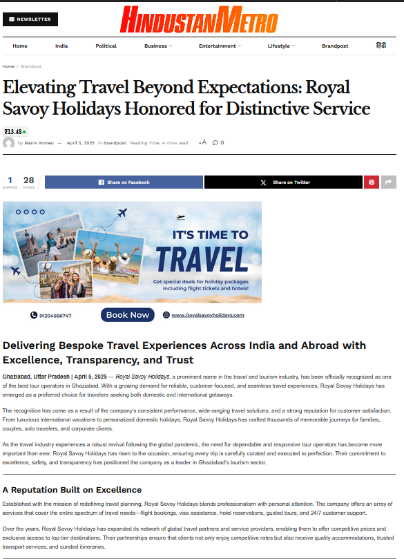 Elevating Travel Beyond Expectations: Royal Savoy Holidays Honored for Distinctive Service